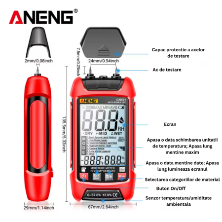Detector umiditate, umidometru, pentru lemn si materiale de constructii, Aneng GN601 [1]
