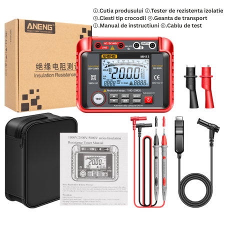 Tester rezistenta izolatie 1MΩ-200GΩ, 2500V, PI DAR, AC/DC 600V, Memorie 100 valori, Aneng MH13 [1]