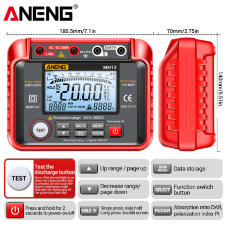 Tester rezistenta izolatie 1MΩ-200GΩ, 2500V, PI DAR, AC/DC 600V, Memorie 100 valori, Aneng MH13 [2]