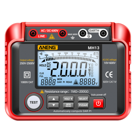 Multimetre digitale - Tester rezistenta izolatie 1MΩ-200GΩ, 2500V, PI DAR, AC/DC 600V, Memorie 100 valori, Aneng MH13
