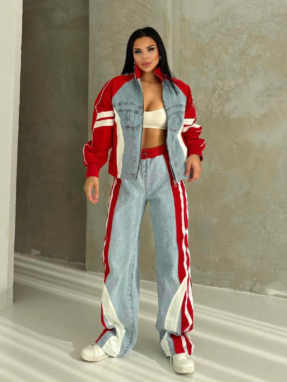 Blair Trening Rosu din denim cu inserții contrastante [2]