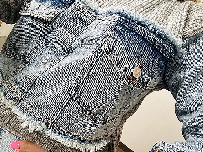 Bluză Tricotată Gri cu Inserție Denim și Buzunare Frontale ALESSI [4]