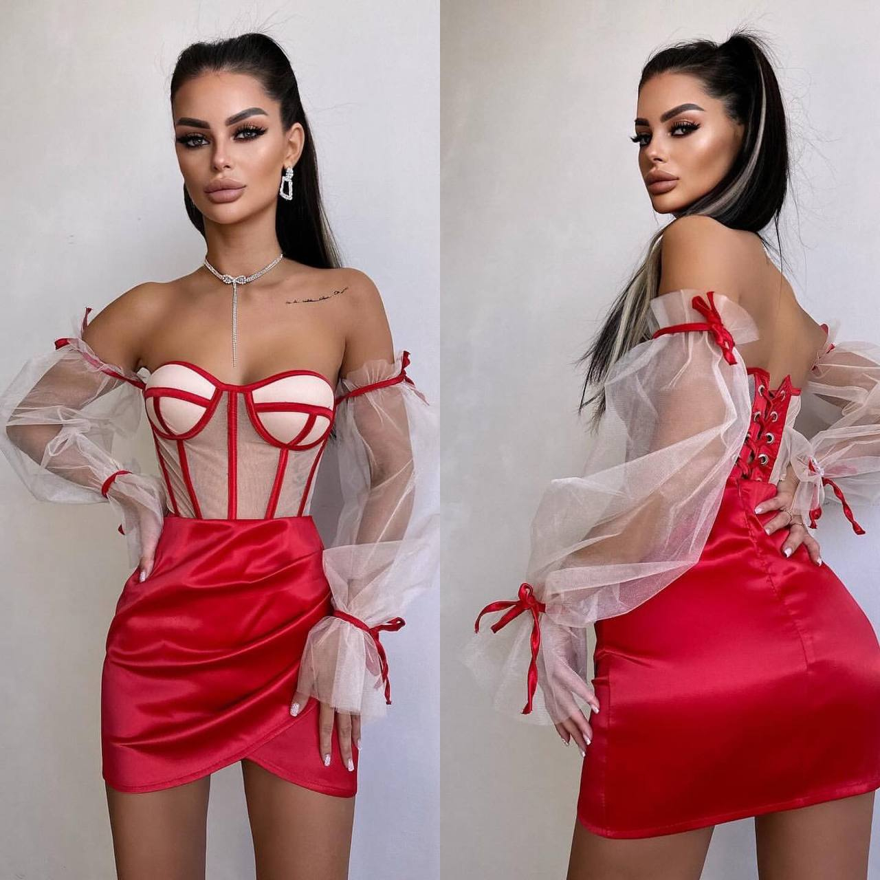 Compleu Elegant cu Corset Nude și Mâneci din Tulle Red ALESSI [8]