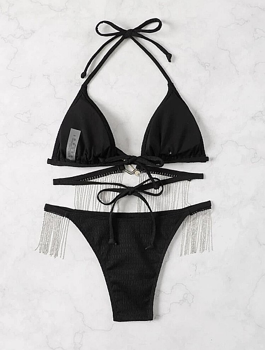 COSTUM DE BAIE 2 PIESE NEGRU CU LĂNȚIȘOARE ȘI ACCESORIU INIMĂ ALESSI [3]