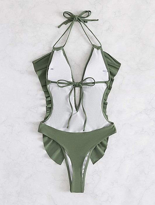 COSTUM DE BAIE ÎNTREG KAKI CU VOLANE ALESSI [3]