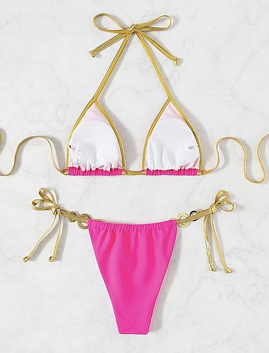 COSTUM DE BAIE 2 PIESE ROZ CU DETALII AURII ȘI PIETRICELE EVELINA ALESSI [2]