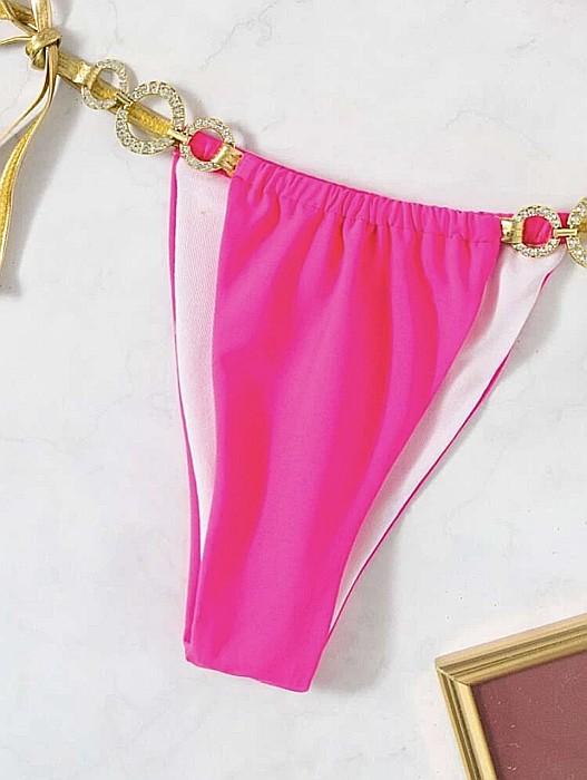 COSTUM DE BAIE 2 PIESE ROZ CU DETALII AURII ȘI PIETRICELE EVELINA ALESSI [4]