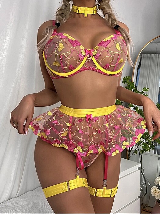 LENJERIE SEXY 6 PIESE GALBENĂ ȘI ROZ EMA CU DANTELĂ ȘI JARTELE ALESSI [3]