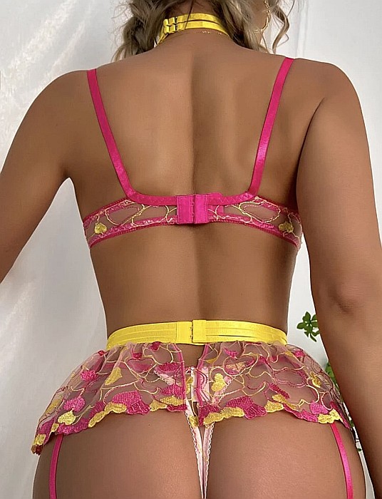 LENJERIE SEXY 6 PIESE GALBENĂ ȘI ROZ EMA CU DANTELĂ ȘI JARTELE ALESSI [4]