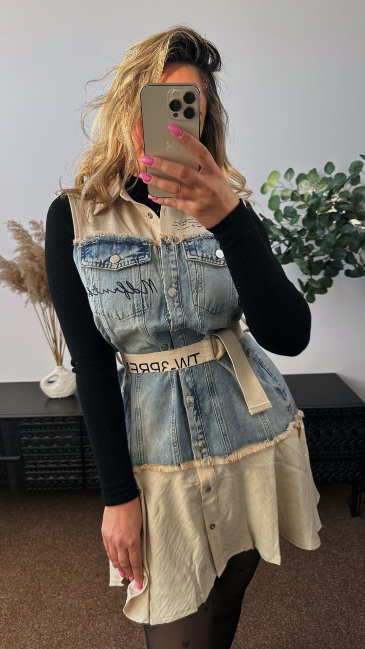 ROCHIE SCURTA BEJ CU DETALII DIN DENIM SI CUREA ALESSI [1]