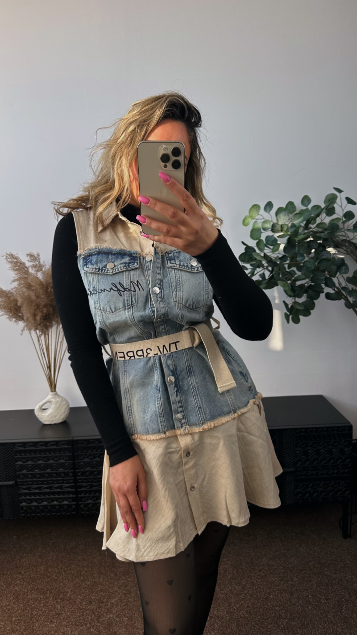 ROCHIE SCURTA BEJ CU DETALII DIN DENIM SI CUREA ALESSI [2]