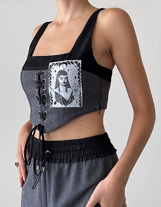 Top Corset cu șiret Frontal și Patch Grafic Gri ALESSI [2]