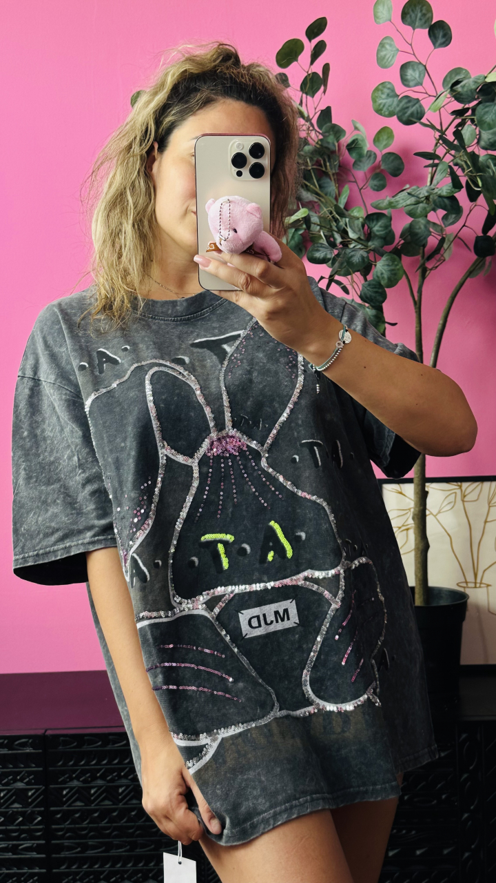 Tricou Oversize Gri cu Iepuras si Paiete ALESSI [1]