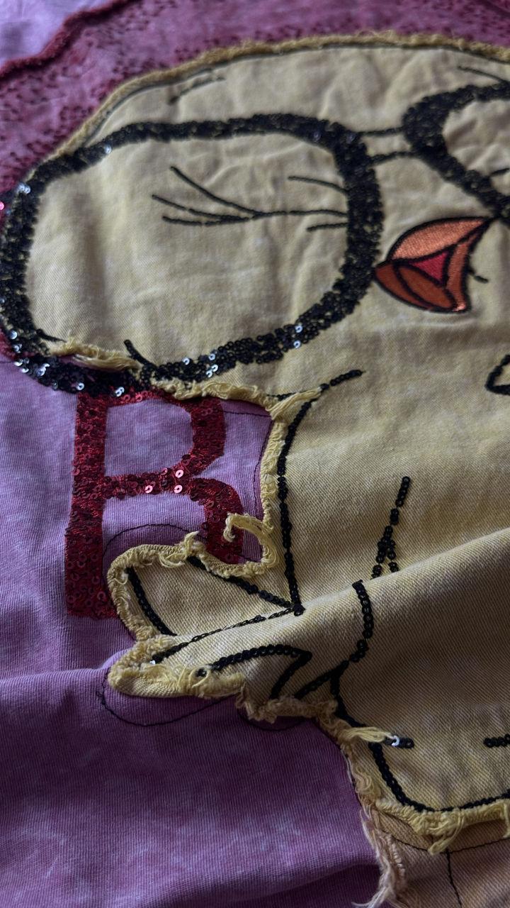 Tricou Oversized Mov Vintage cu Aplicație 3D și Paiete ALESSI [6]