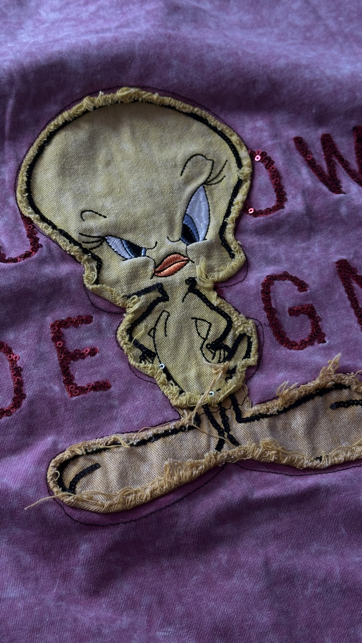 Tricou Oversized Mov Vintage cu Aplicație 3D și Paiete ALESSI [5]