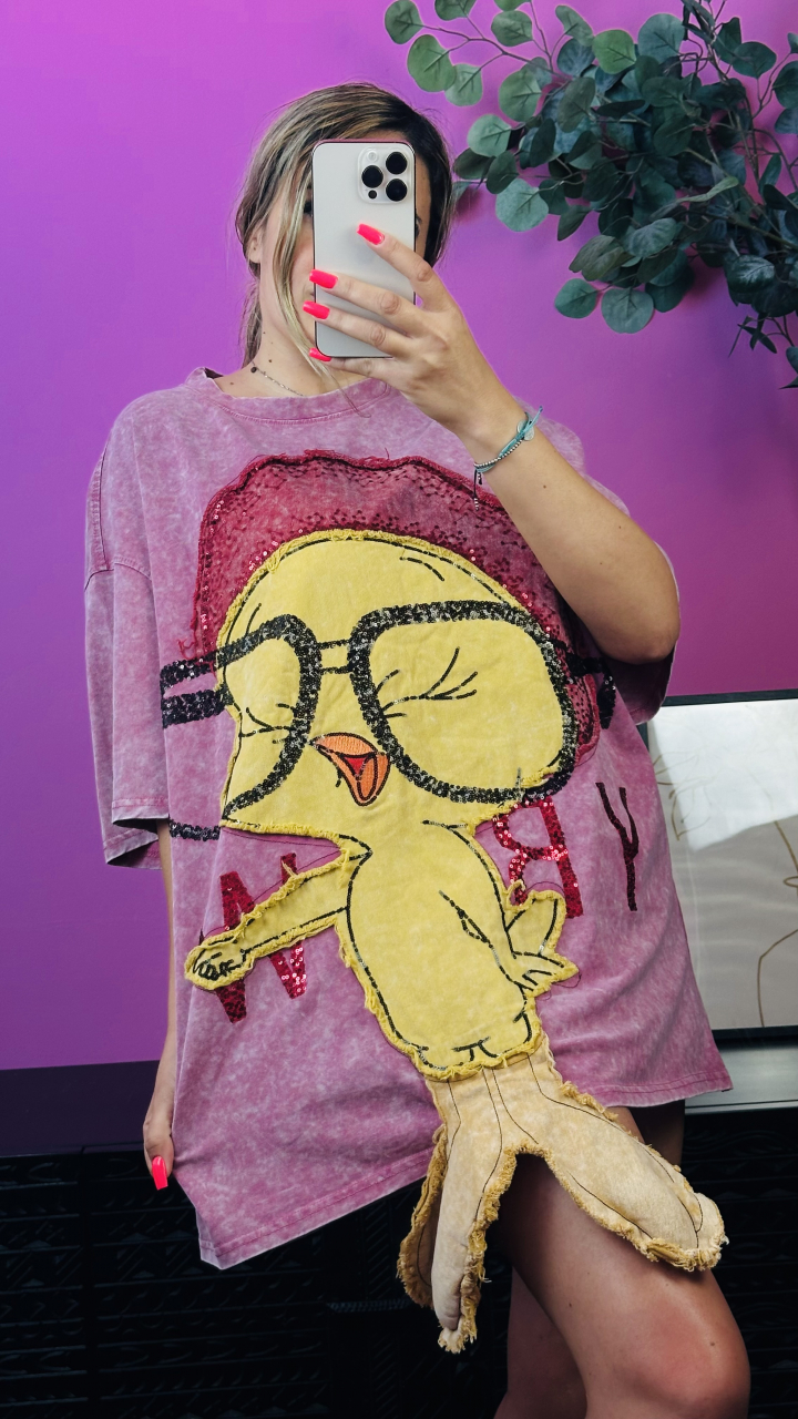 Tricou Oversized Mov Vintage cu Aplicație 3D și Paiete ALESSI [2]