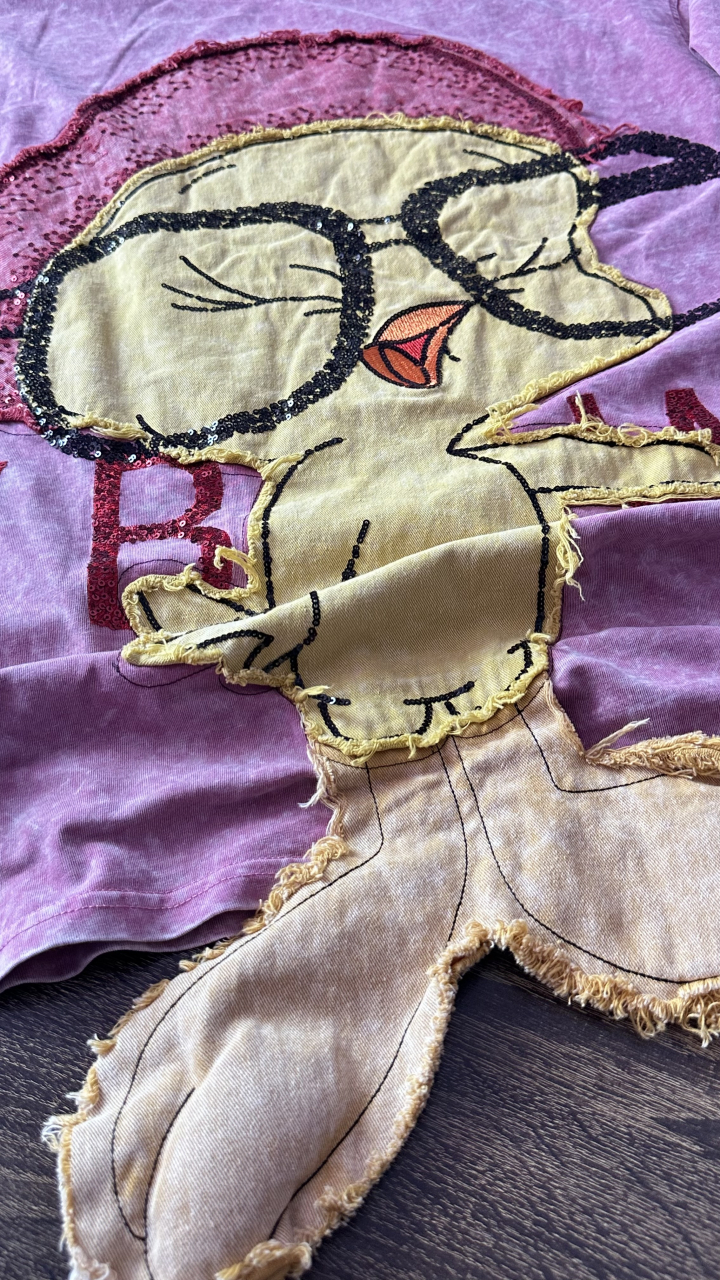 Tricou Oversized Mov Vintage cu Aplicație 3D și Paiete ALESSI [4]