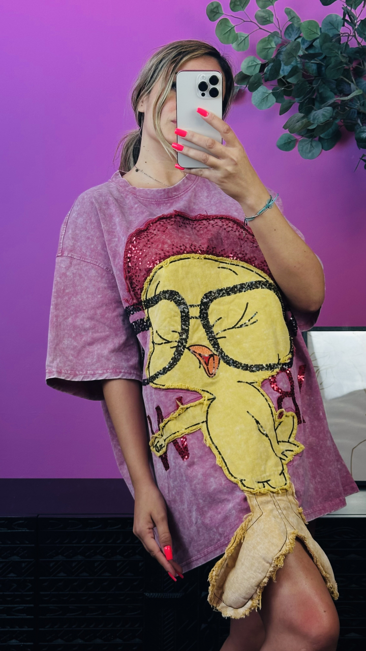 Tricou Oversized Mov Vintage cu Aplicație 3D și Paiete ALESSI [1]