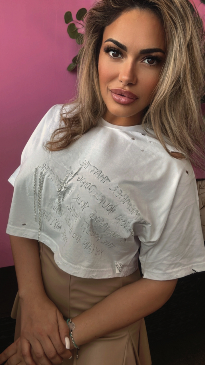 Tricou Alb Scurt cu Strasuri și Lanțuri Decorative ALESSI [5]