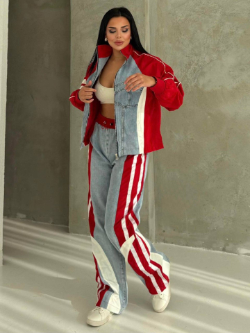 Compleuri by Alessi - Blair Trening Rosu din denim cu inserții contrastante