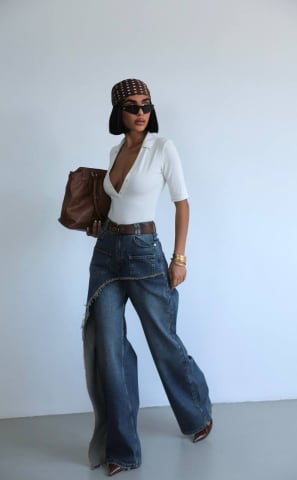 Blugi - Blugi damă wide leg, talie înaltă cu detalii distressed