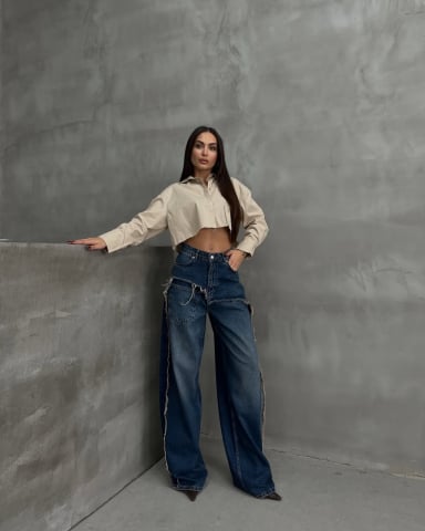 Blugi - Blugi damă wide leg, talie înaltă, denim deschis 2 cu detalii distressed CALLIA