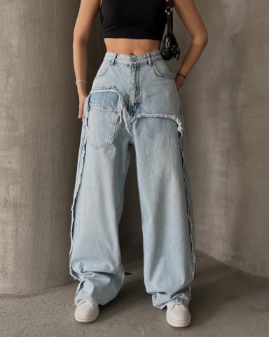 Blugi - Blugi damă wide leg, talie înaltă, denim deschis cu detalii distressed CALLIA