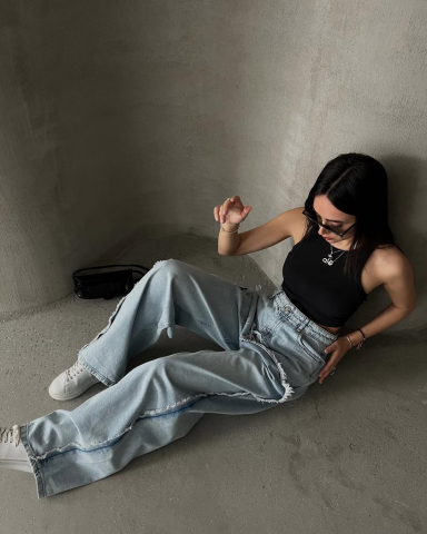 Blugi damă wide leg, talie înaltă, denim deschis cu detalii distressed CALLIA [1]