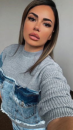 Bluză Tricotată Gri cu Inserție Denim și Buzunare Frontale ALESSI [2]