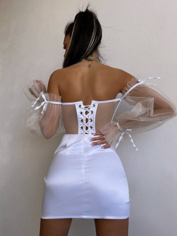 Compleu Elegant cu Corset Nude și Mâneci din Tulle White ALESSI [3]