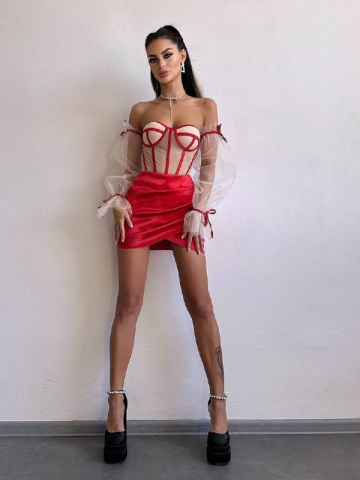 Compleu Elegant cu Corset Nude și Mâneci din Tulle Red ALESSI [1]