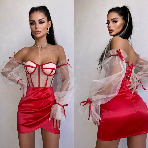 Compleu Elegant cu Corset Nude și Mâneci din Tulle Red ALESSI [7]