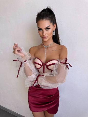 Compleu Elegant cu Corset Nude și Mâneci din Tulle Burgundy ALESSI [3]