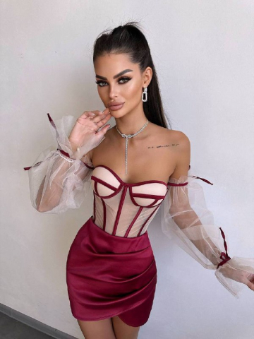 Compleu Elegant cu Corset Nude și Mâneci din Tulle Burgundy ALESSI [1]
