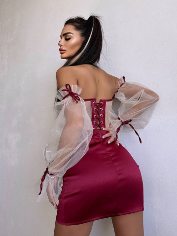 Compleu Elegant cu Corset Nude și Mâneci din Tulle Burgundy ALESSI [2]