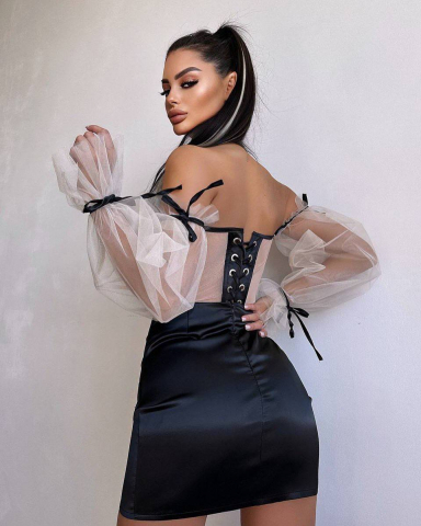 Compleu Elegant cu Corset Nude și Mâneci din Tulle Black ALESSI [5]