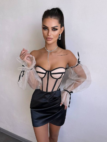 Compleu Elegant cu Corset Nude și Mâneci din Tulle Black ALESSI [4]