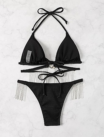 COSTUM DE BAIE 2 PIESE NEGRU CU LĂNȚIȘOARE ȘI ACCESORIU INIMĂ ALESSI [2]