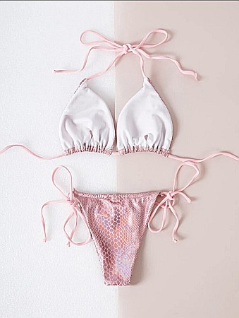 COSTUM DE BAIE 2 PIESE ROZ AVA CU IMPRIMEU ȘARPE ȘI EFECT METALIC ALESSI [1]