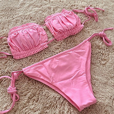 COSTUM DE BAIE 2 PIESE ROZ JASMINE CU DESIGN BUSTIERĂ DRAPATĂ ALESSI [1]