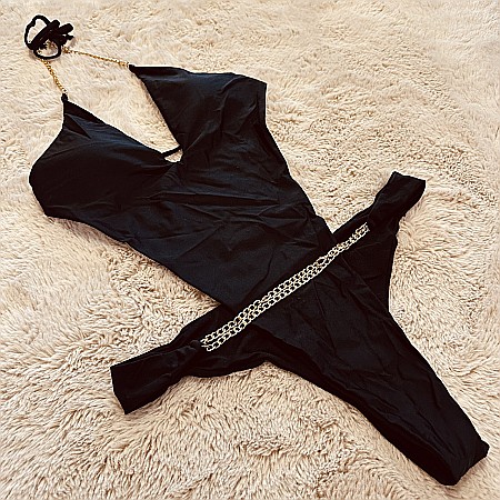 Costume de Baie & Lenjerii - COSTUM DE BAIE ÎNTREG NEGRU CU ACCESORII METALICE CRINA ALESSI