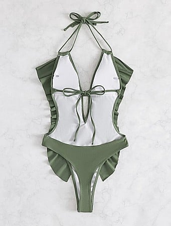 COSTUM DE BAIE ÎNTREG KAKI CU VOLANE ALESSI [2]