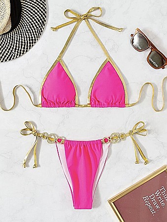 COSTUM DE BAIE 2 PIESE ROZ CU DETALII AURII ȘI PIETRICELE EVELINA ALESSI [2]