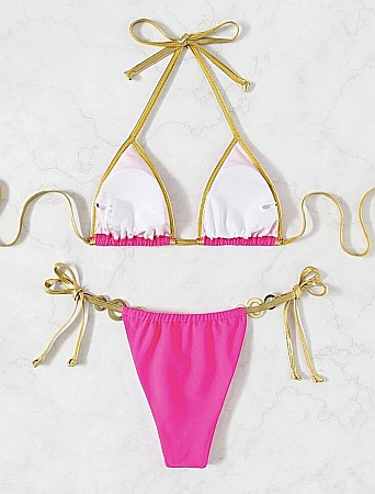 COSTUM DE BAIE 2 PIESE ROZ CU DETALII AURII ȘI PIETRICELE EVELINA ALESSI [1]