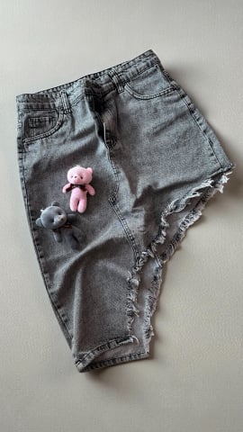 Fuste si Rochii - FUSTA ASIMETRICA DENIM NEAGRA CU FRANJURI ALESSI