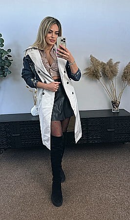 Geci, Blanite si Paltoane - PALTON LUNG CREM CU DETALII DIN DENIM ALESSI