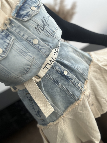 ROCHIE SCURTA BEJ CU DETALII DIN DENIM SI CUREA ALESSI [2]