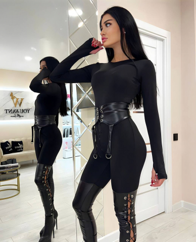 SALOPETĂ NEAGRĂ CU CORSET ȘI INSERȚII DIN PIELE ECO ALESSI [1]