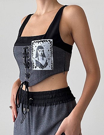 Top Corset cu șiret Frontal și Patch Grafic Gri ALESSI [1]