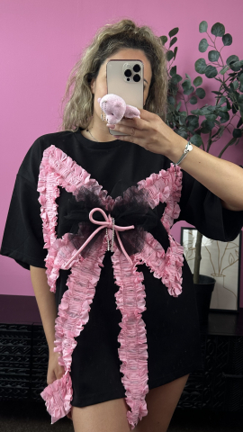 Tricouri, Topuri & Camasi - Tricou Oversize Negru Funda Mare Roz si Tulle ALESSI